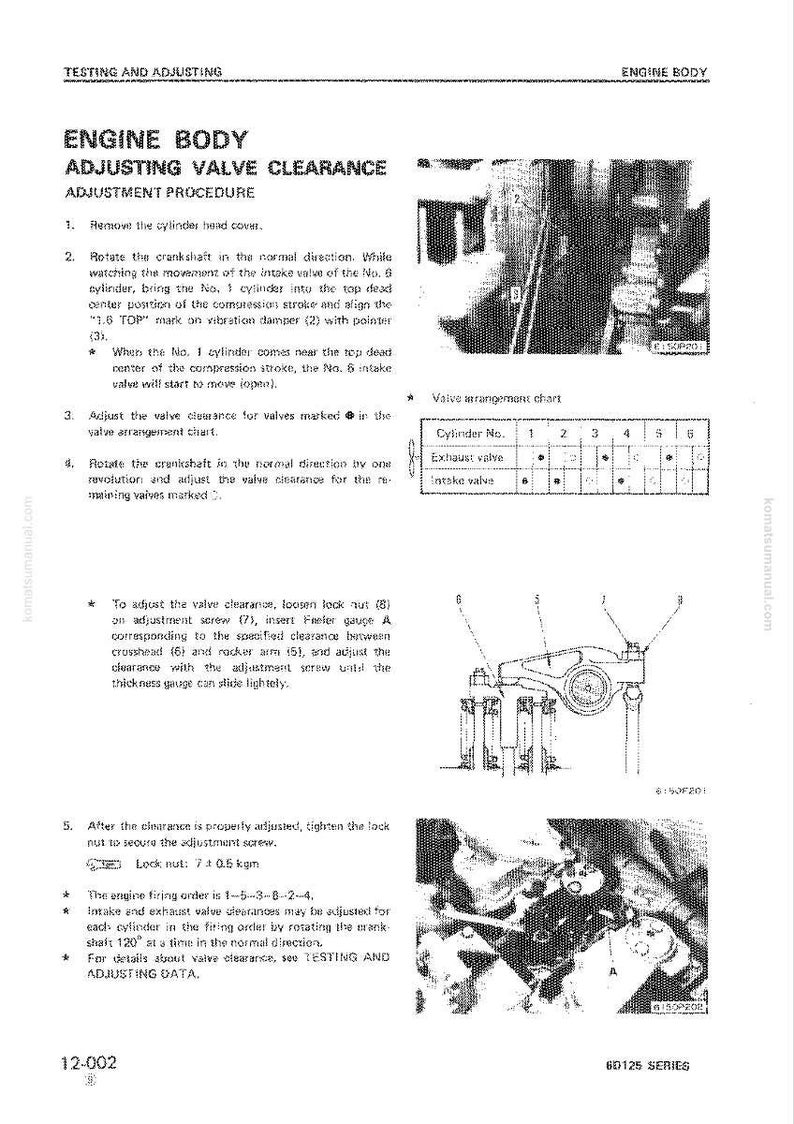 K&ouml;nnte beinhalten: Technische Zeichnung aus einem Handbuch, das die Einstellungen des Motork&ouml;rpers detailliert. Enth&auml;lt Diagramme der Ventilanordnungen, Einstellverfahren und Spezifikationen f&uuml;r die Wartung des Motors. Text enth&auml;lt "Einstellen des Ventilspiels des Motork&ouml;rpers".