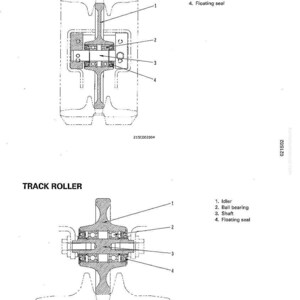 May include: Technical diagrams of an idler and track roller, labeled with parts including idler, ball bearing, shaft, and floating seal. The diagrams are in black and white.