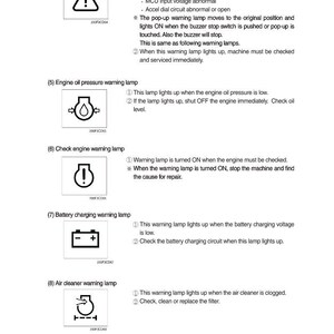 May include: Diagram of warning lamps with symbols and descriptions. Includes emergency, engine oil pressure, check engine, battery charging, and air cleaner warning lamps. Text explains each lamp's function.