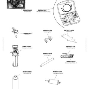 May include: An illustration of various Komatsu tools and equipment, including a hydraulic tester, pressure checking device, inflation kit, nitrogen pressure reducer, dismantling tube, fluid protector wax, and grease hand pump. The image also includes a check device and bushing extracting tool.