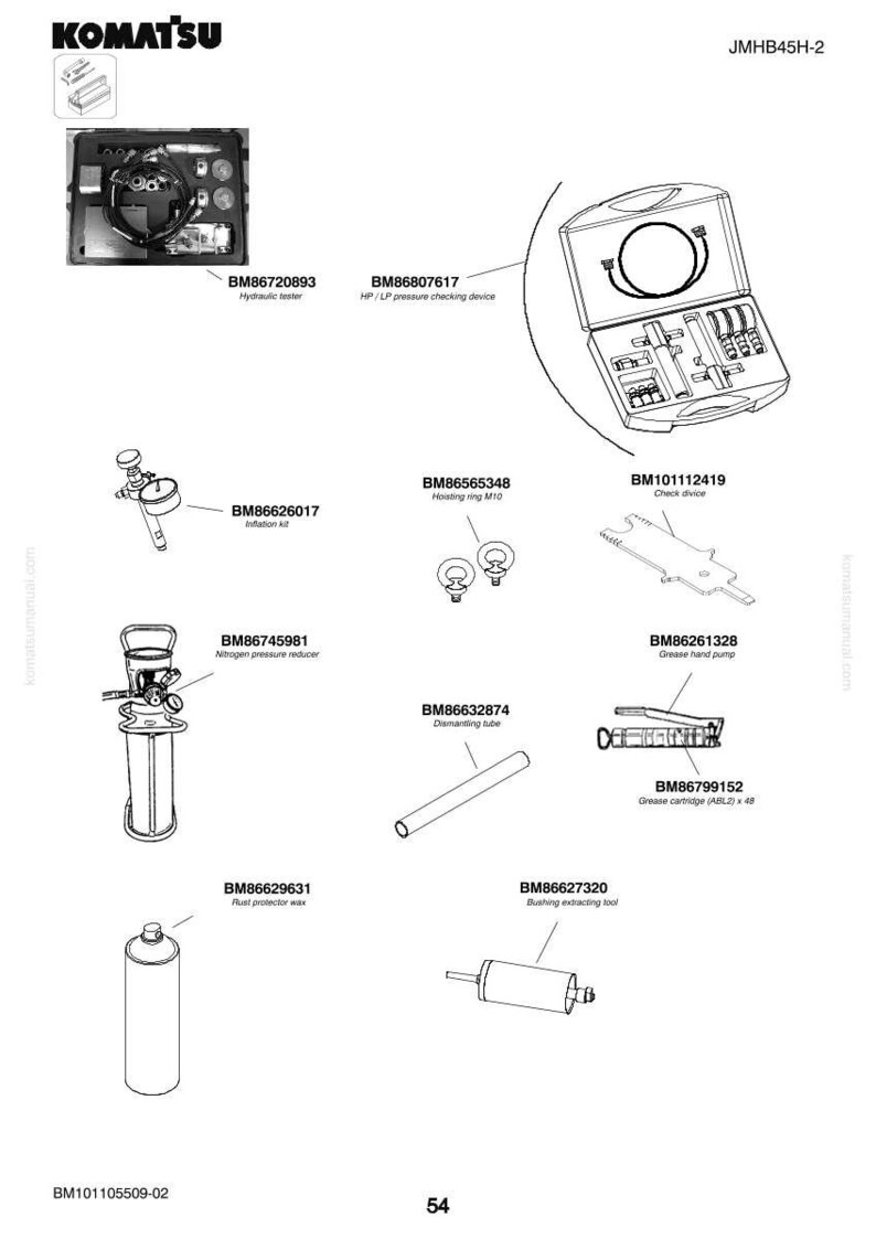 May include: An illustration of various Komatsu tools and equipment, including a hydraulic tester, pressure checking device, inflation kit, nitrogen pressure reducer, dismantling tube, fluid protector wax, and grease hand pump. The image also includes a check device and bushing extracting tool.