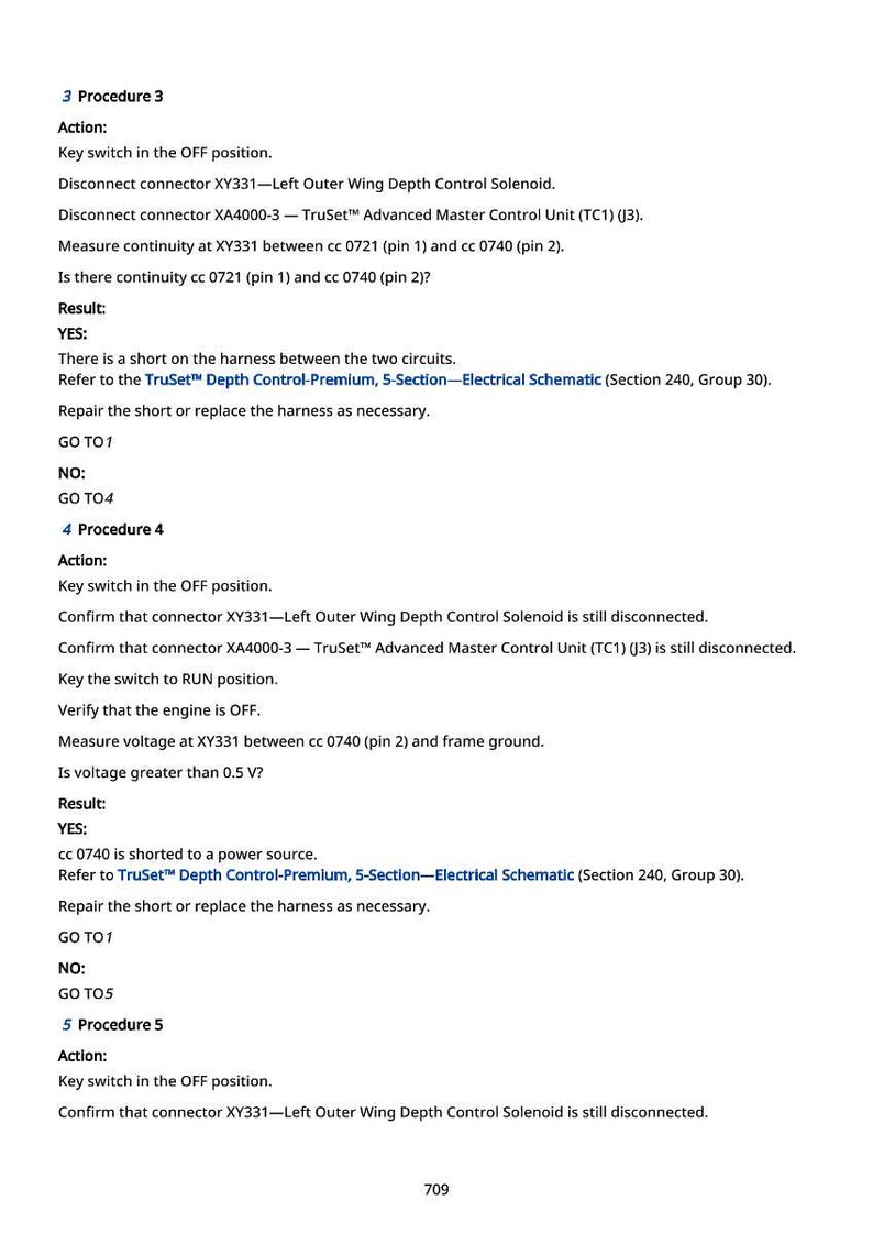 May include: A white page with black text detailing procedures for troubleshooting and repair. The text includes instructions, questions, and results related to electrical components and wiring, with references to schematics.