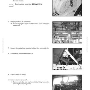 May include: A manual page detailing the disassembly and assembly of a machine's undercarriage and frame. Instructions are provided for removing plates, pins, and the boom cylinder assembly, which weighs 260 kg. The images show various components.