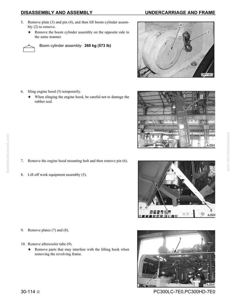May include: A manual page detailing the disassembly and assembly of a machine's undercarriage and frame. Instructions are provided for removing plates, pins, and the boom cylinder assembly, which weighs 260 kg. The images show various components.