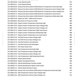 May include: A list of engine control unit (ECU) diagnostic trouble codes, including issues like turbo speed, fuel pressure, and temperature readings. The text is in black font on a white background, with a green website address at the top.