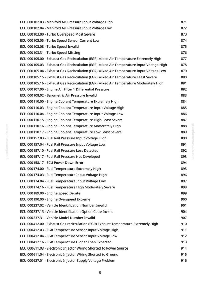 May include: A list of engine control unit (ECU) diagnostic trouble codes, including issues like turbo speed, fuel pressure, and temperature readings. The text is in black font on a white background, with a green website address at the top.