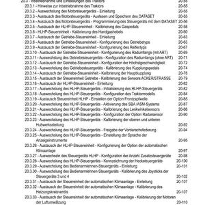 Puede incluir: Un detallado &iacute;ndice en alem&aacute;n, que presenta una lista de procedimientos t&eacute;cnicos y configuraciones para un tractor. El documento incluye secciones sobre diagn&oacute;stico, calibraci&oacute;n y ajustes del sistema, con n&uacute;meros de p&aacute;gina.