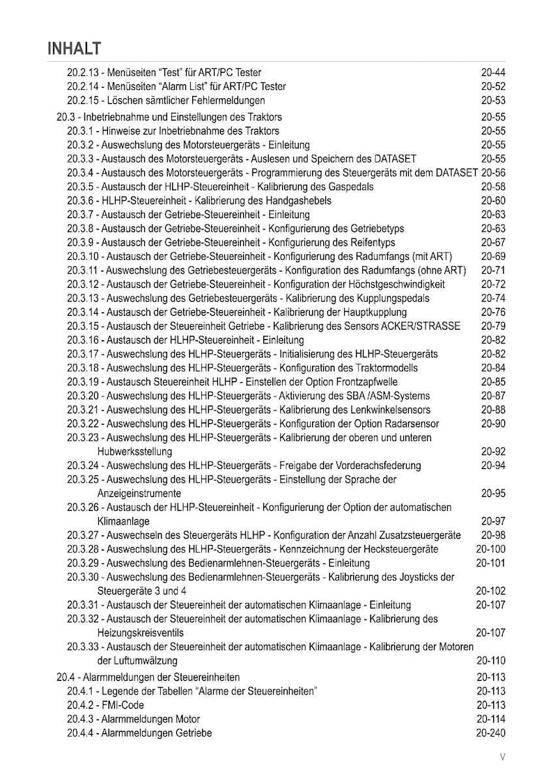 Puede incluir: Un detallado &iacute;ndice en alem&aacute;n, que presenta una lista de procedimientos t&eacute;cnicos y configuraciones para un tractor. El documento incluye secciones sobre diagn&oacute;stico, calibraci&oacute;n y ajustes del sistema, con n&uacute;meros de p&aacute;gina.