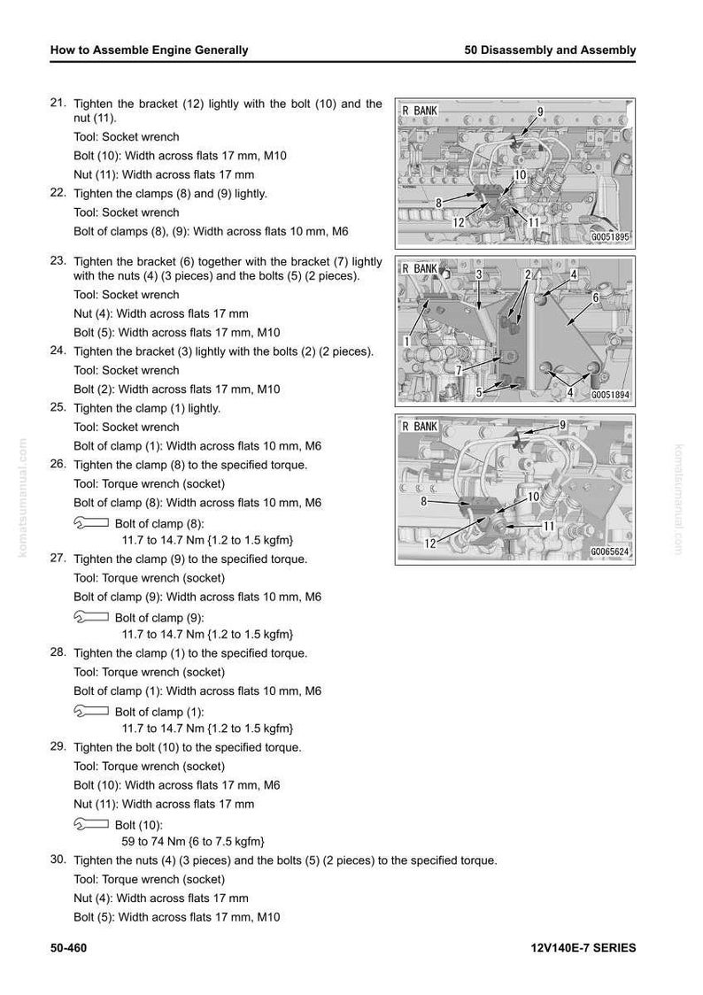 May include: Diagram from a manual showing engine assembly instructions. The image includes numbered steps, diagrams, and specifications for tightening bolts and clamps. The text includes measurements in Nm and kgfm.