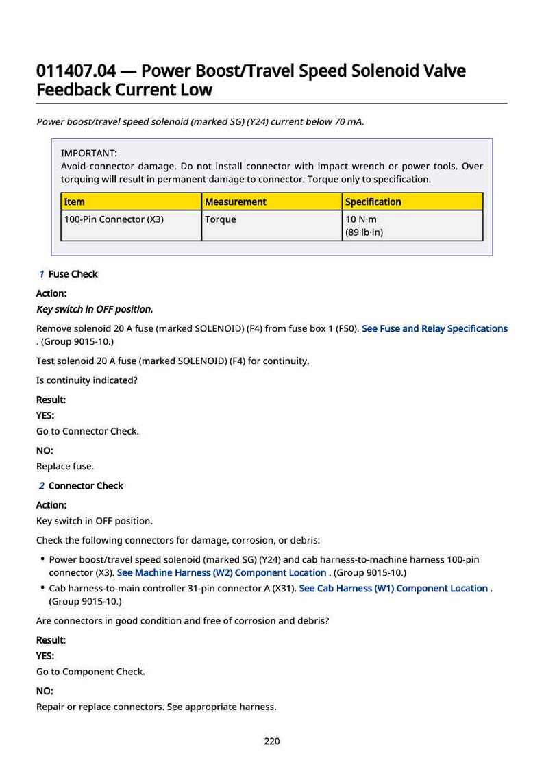 May include: A technical document titled "Power Boost/Travel Speed Solenoid Valve Feedback Current Low." It provides instructions for fuse and connector checks, with torque specifications at 10 N-m (89 lb-in).