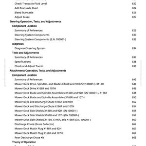 May include: A page from a manual with a table of contents. The text includes sections on steering, tests, adjustments, and mower deck components. The page number is 12.
