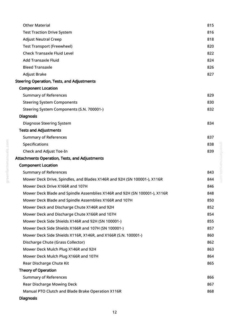 May include: A page from a manual with a table of contents. The text includes sections on steering, tests, adjustments, and mower deck components. The page number is 12.