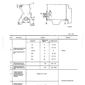 May include: Diagram of an engine body with maintenance standards. The image includes diagrams, measurements in mm, and tightening torque values for various engine components. Text includes "MAINTENANCE STANDARD" and "ENGINE BODY".