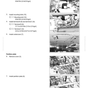 May include: Diagram of a starter assembly removal and installation guide. The image shows various steps with labels and measurements in Nm and kgm. Includes images of mounting bolts, terminals, and partition plates.