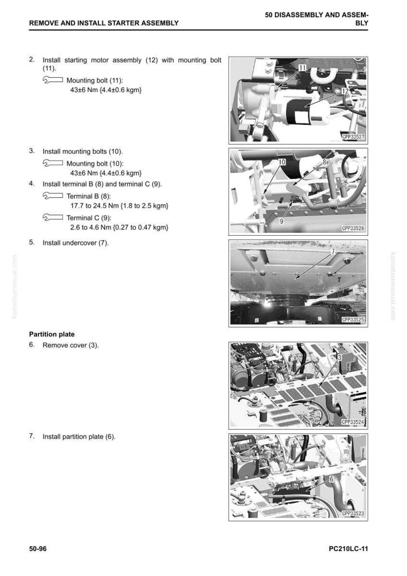 May include: Diagram of a starter assembly removal and installation guide. The image shows various steps with labels and measurements in Nm and kgm. Includes images of mounting bolts, terminals, and partition plates.