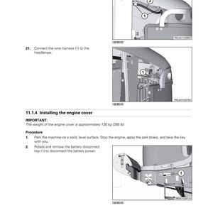 May include: Diagram of a rubber track tractor chassis with instructions for installing wire harnesses and connecting them to headlamps. The image includes close-ups of the components and numbered labels for each part. The engine cover weighs approximately 285 lb.