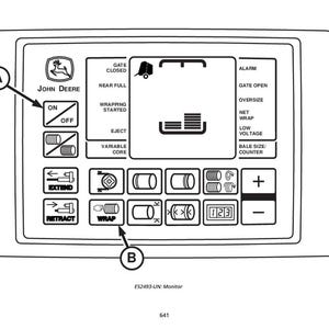 May include: A black and white control panel with the John Deere logo, featuring buttons for various functions like "ON," "OFF," "WRAP," and "EXTEND." The panel displays icons and text related to agricultural machinery operation.