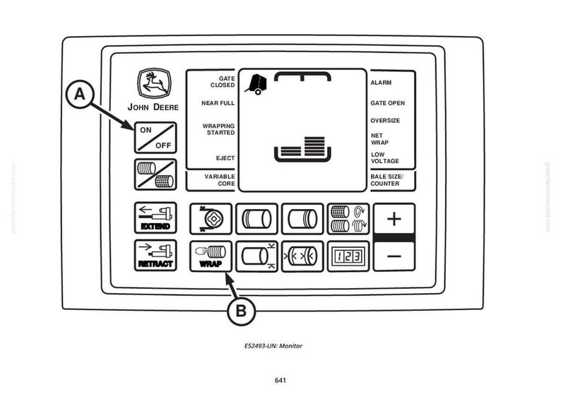 May include: A black and white control panel with the John Deere logo, featuring buttons for various functions like "ON," "OFF," "WRAP," and "EXTEND." The panel displays icons and text related to agricultural machinery operation.