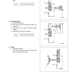 May include: Diagram of a torque converter assembly process, with detailed illustrations of the stator shaft installation, PTO driven gear assembly, and pump assembly. Includes measurements in Nm and kgm.