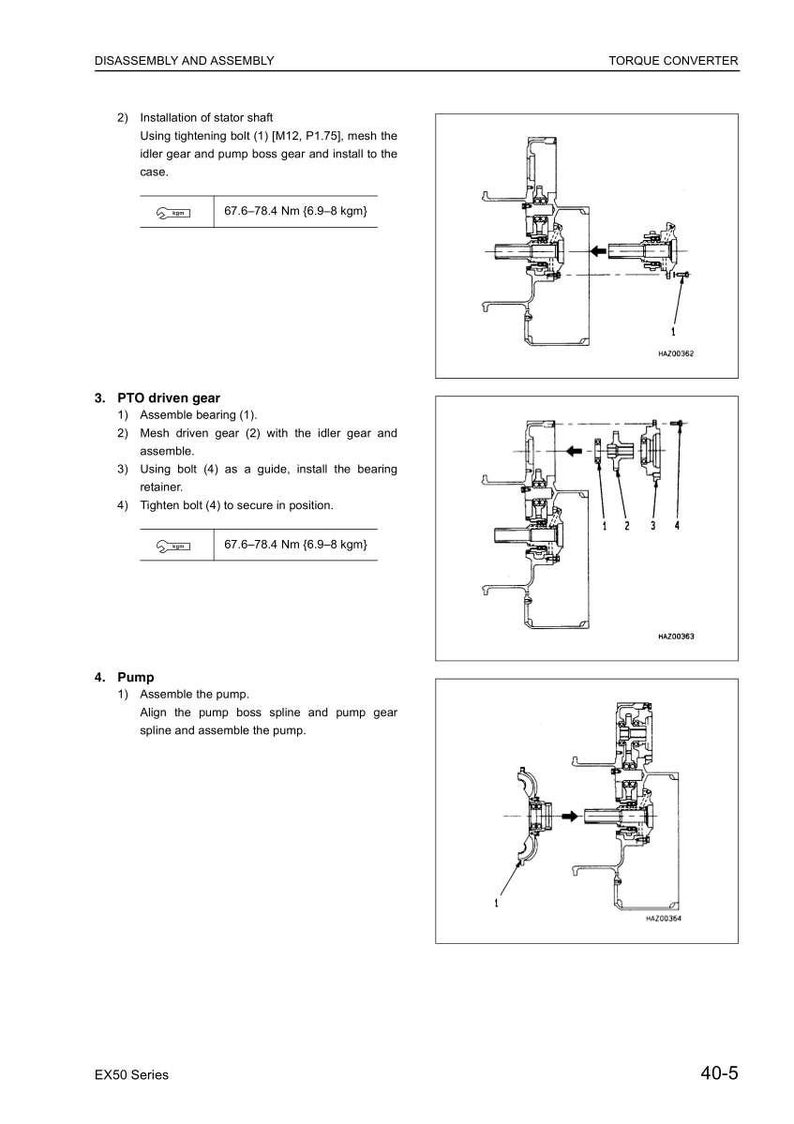 May include: Diagram of a torque converter assembly process, with detailed illustrations of the stator shaft installation, PTO driven gear assembly, and pump assembly. Includes measurements in Nm and kgm.