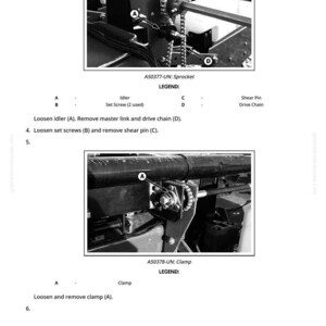 May include: Black and white diagram showing machinery parts, such as a sprocket, idler, and clamp. Text labels and instructions are included for disassembly. The diagram is for technical or repair purposes.