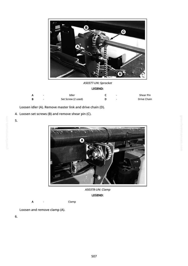 May include: Black and white diagram showing machinery parts, such as a sprocket, idler, and clamp. Text labels and instructions are included for disassembly. The diagram is for technical or repair purposes.