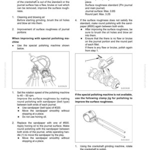 May include: Technical diagram detailing crankshaft journal surface roughness improvement. Instructions include cleaning, polishing, and using sandpaper. Measurements are in standard units. Includes diagrams of tools and processes.