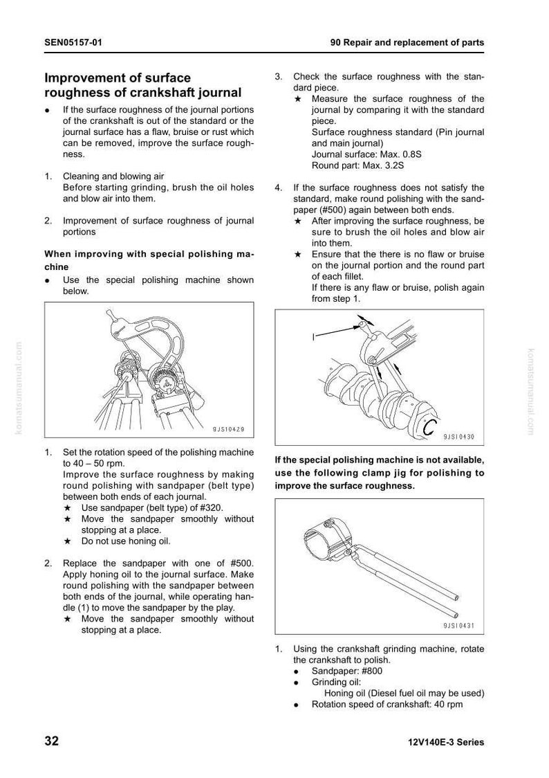 May include: Technical diagram detailing crankshaft journal surface roughness improvement. Instructions include cleaning, polishing, and using sandpaper. Measurements are in standard units. Includes diagrams of tools and processes.