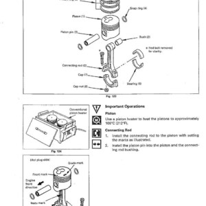 May include: Diagram of an engine's piston and connecting rod assembly, with labels for each component. Includes a piston, piston rings, connecting rod, and other parts. Also shows a piston heater and instructions.