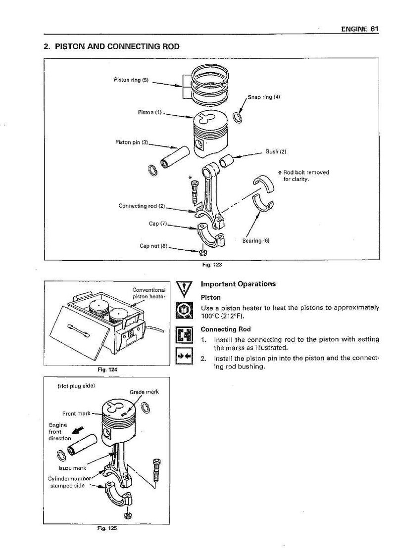 May include: Diagram of an engine's piston and connecting rod assembly, with labels for each component. Includes a piston, piston rings, connecting rod, and other parts. Also shows a piston heater and instructions.
