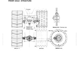 May include: Detailed technical diagram of a front axle assembly, labeled "FRONT AXLE - STRUCTURE." The diagram includes multiple views, including side and cross-sectional perspectives, with labels such as "WF22-T" and "WF22A." The diagram also includes the text "Direction of rotation for forward travel."