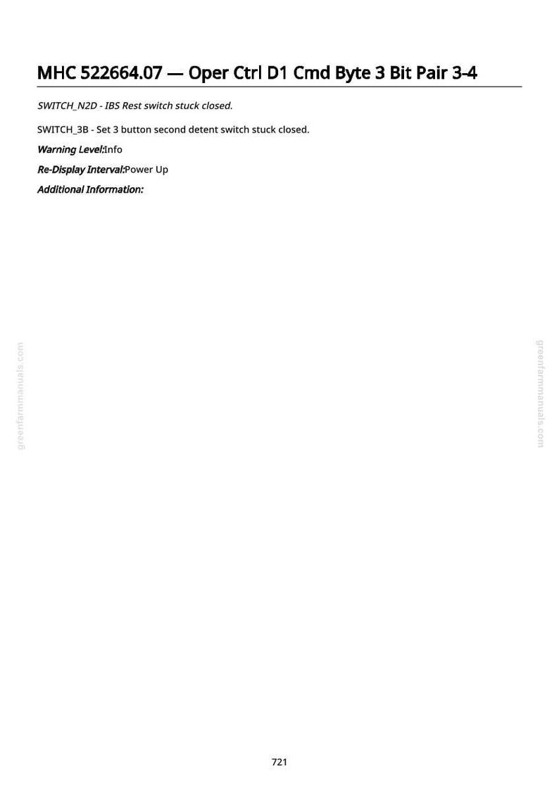 K&ouml;nnte beinhalten: Eine wei&szlig;e Seite mit schwarzem Text, der technische Informationen detailliert. Der Text enth&auml;lt "MHC 522664.07 - Oper Ctrl D1 Cmd Byte 3 Bit Pair 3-4", Schaltzust&auml;nde, Warnstufen und Anzeigeintervalle. Die Zahl 721 befindet sich unten.