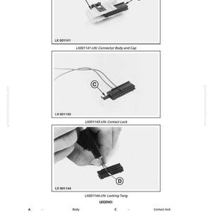 May include: Diagram of electrical connectors with labels and instructions. Includes images of a connector body and cap, contact lock, and locking tang. Text includes "Pull body (A) out of cap (B)" and "Pull out contact lock (C)."
