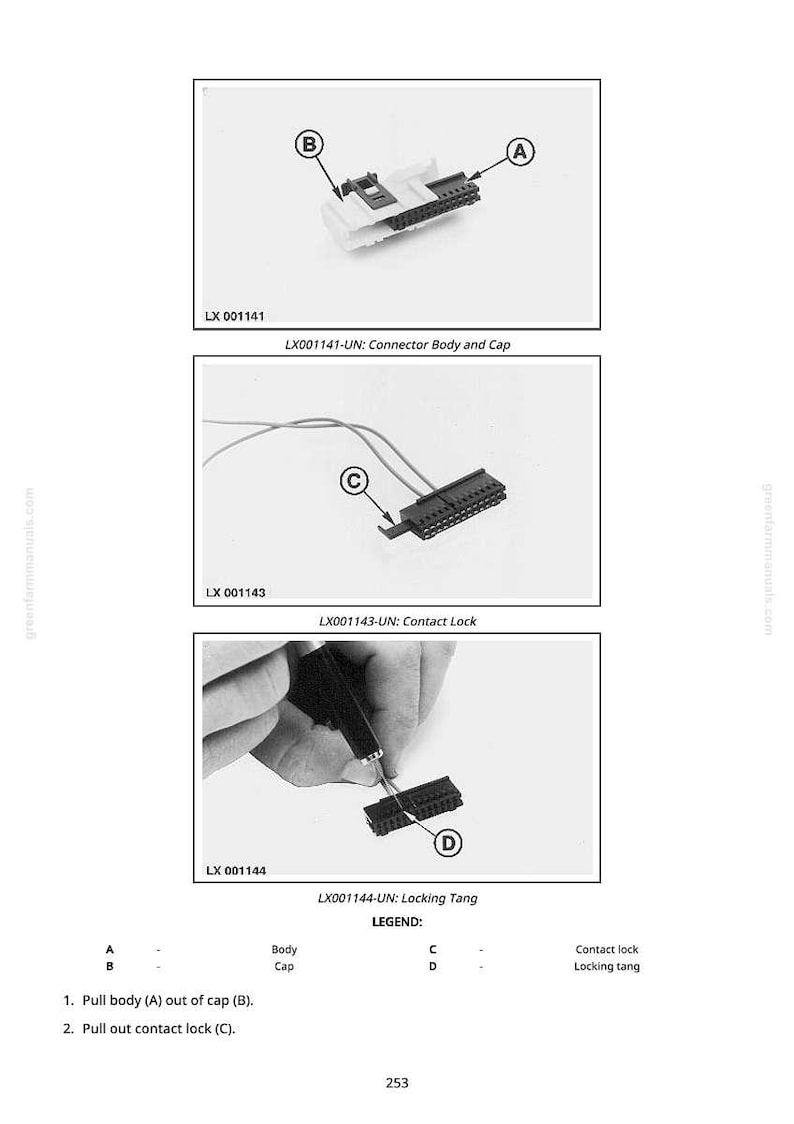 May include: Diagram of electrical connectors with labels and instructions. Includes images of a connector body and cap, contact lock, and locking tang. Text includes "Pull body (A) out of cap (B)" and "Pull out contact lock (C)."