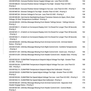 May include: A printed page from greenfarmmanuals.com, listing CAN Bus messages and diagnostic codes. The document details issues like voltage discrepancies, sensor failures, and control unit errors, with associated priority levels.