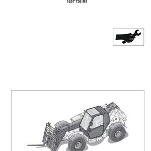 May include: A workshop manual with the text "MF8947 Tier III - S/N A8HH 11000> including Xtra Workshop Manual 1857 736 M1". The image also shows a diagram of a construction vehicle with a forklift attachment.