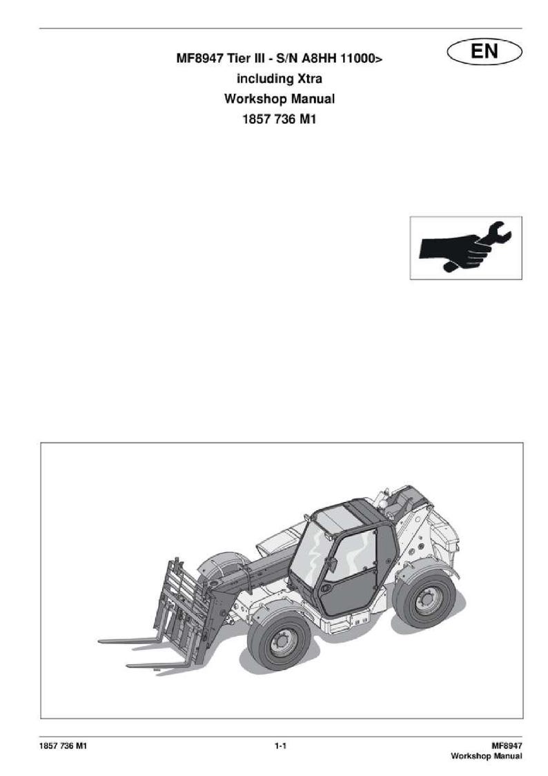 May include: A workshop manual with the text "MF8947 Tier III - S/N A8HH 11000> including Xtra Workshop Manual 1857 736 M1". The image also shows a diagram of a construction vehicle with a forklift attachment.