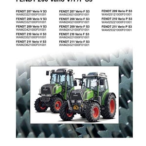 Puede incluir: Manual de servicio de taller con tractores Fendt. La imagen muestra dos tractores verdes y negros con ruedas rojas. El t&iacute;tulo del manual es "FENDT 200 Vario V/F/P S3" con varios n&uacute;meros de modelo.