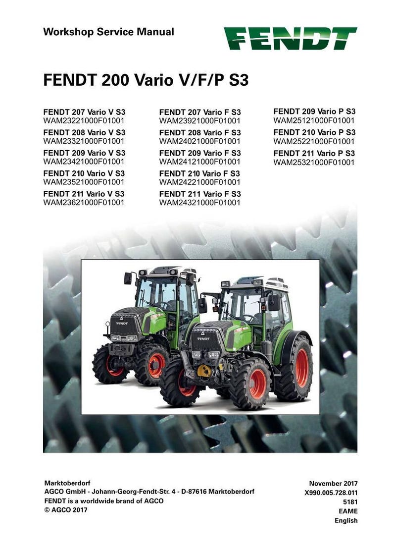 Puede incluir: Manual de servicio de taller con tractores Fendt. La imagen muestra dos tractores verdes y negros con ruedas rojas. El t&iacute;tulo del manual es "FENDT 200 Vario V/F/P S3" con varios n&uacute;meros de modelo.