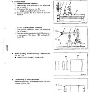May include: Diagram of hydraulic cylinder disassembly and assembly, including cylinder head, piston assembly, and O-ring removal. Includes measurements in mm and various tool references.