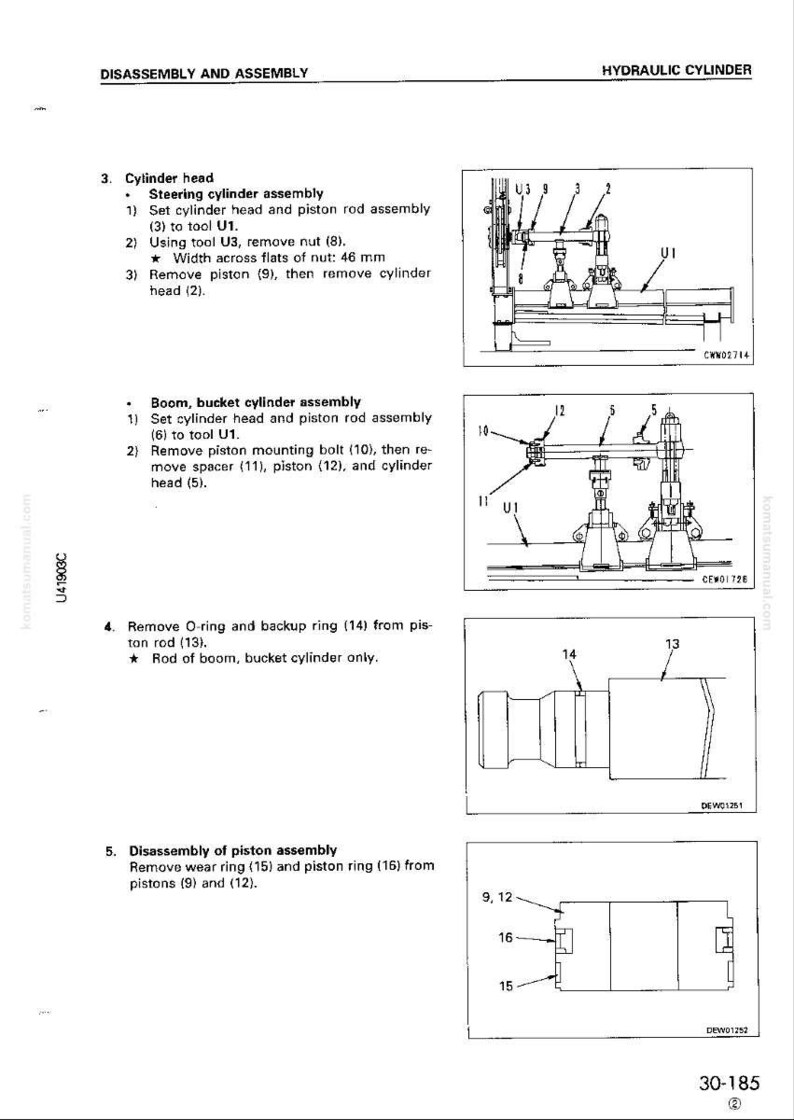 May include: Diagram of hydraulic cylinder disassembly and assembly, including cylinder head, piston assembly, and O-ring removal. Includes measurements in mm and various tool references.