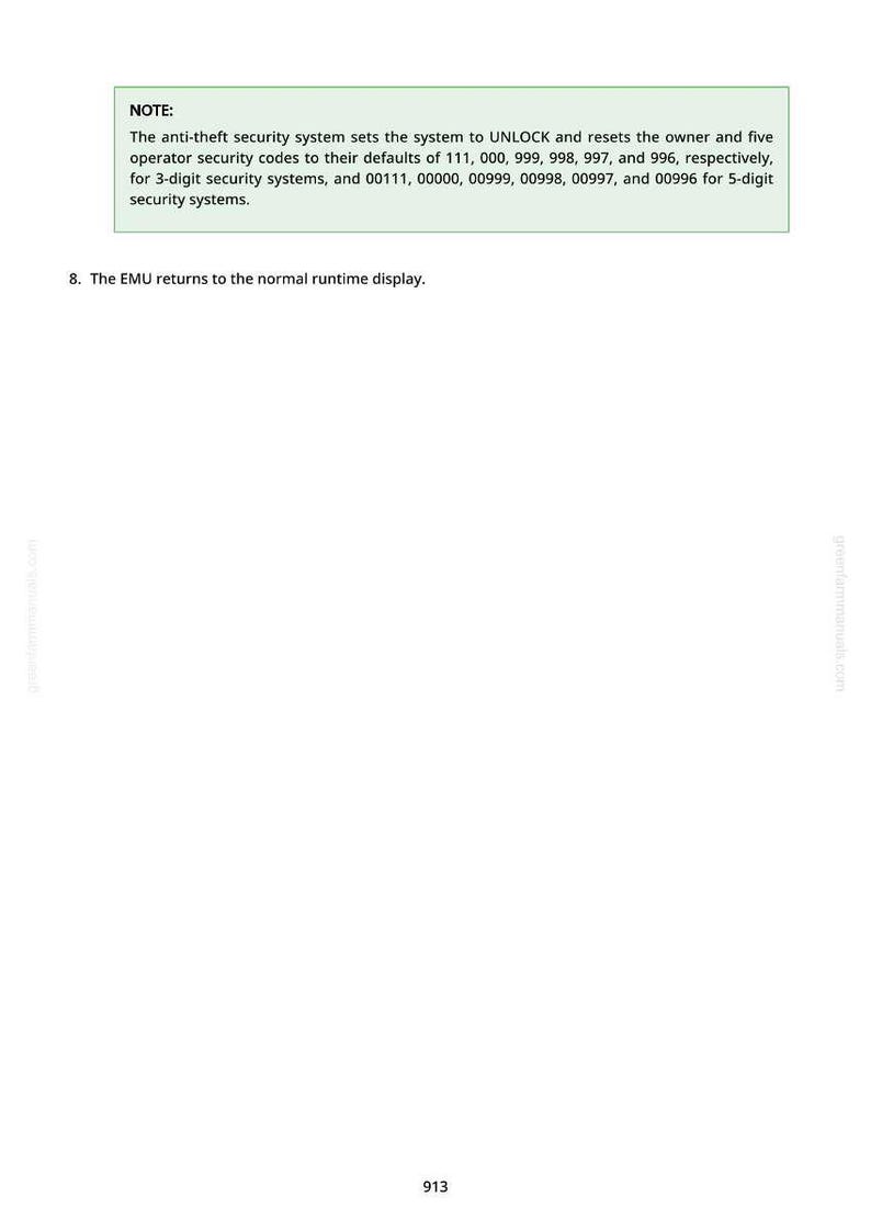 May include: A page from a manual with the heading "NOTE:" and a description of an anti-theft security system. The text details security codes and system defaults. The number "913" is at the bottom.