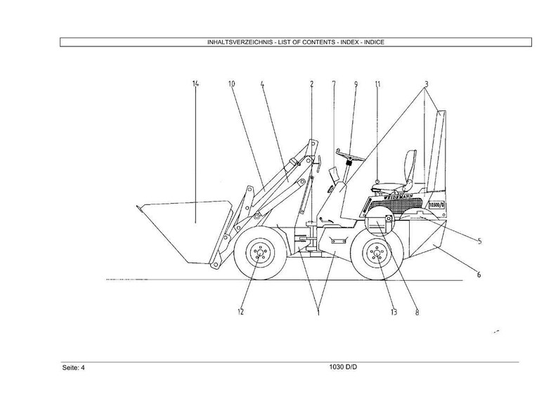 May include: Line drawing of a small front-end loader, with a bucket, wheels, and a driver's seat. The image includes labels and the text "INHALTSVERZEICHNIS - LIST OF CONTENTS - INDEX - INDICE" at the top. The bottom of the image has the text "Seite: 4" and "1030 D/D".