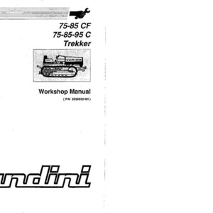 Op de afbeelding: Zwart-wit werkplaatshandboek voor Landini-tractoren. De handleiding bevat een diagram van een tractor en de tekst "75-85 CF, 75-85-95 C, Trekker, Werkplaatshandleiding". Het Landini-logo staat onderaan.