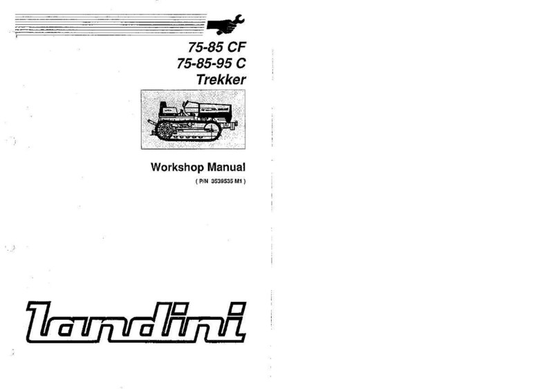Op de afbeelding: Zwart-wit werkplaatshandboek voor Landini-tractoren. De handleiding bevat een diagram van een tractor en de tekst "75-85 CF, 75-85-95 C, Trekker, Werkplaatshandleiding". Het Landini-logo staat onderaan.