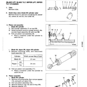 May include: Diagram of hydraulic cylinder disassembly, including blade lift, tilt, and ripper components. The image shows various parts, including a tube, valves, and piston rod assembly. Measurements are in millimeters.