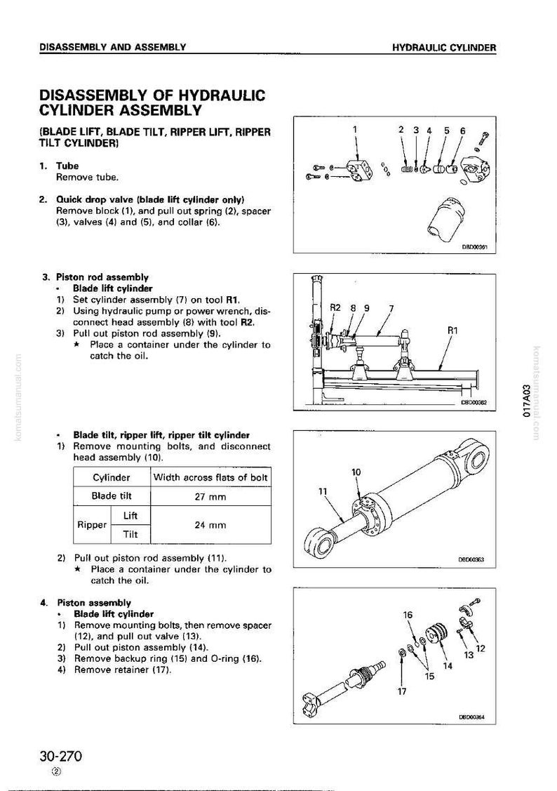 May include: Diagram of hydraulic cylinder disassembly, including blade lift, tilt, and ripper components. The image shows various parts, including a tube, valves, and piston rod assembly. Measurements are in millimeters.