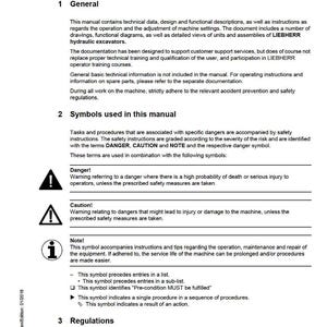 May include: A page from a Liebherr service manual, titled "Preface." The text details technical data, safety symbols, and regulations for hydraulic excavators. Includes warning symbols and instructions for machine operation and maintenance.
