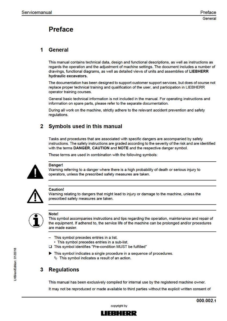 May include: A page from a Liebherr service manual, titled "Preface." The text details technical data, safety symbols, and regulations for hydraulic excavators. Includes warning symbols and instructions for machine operation and maintenance.