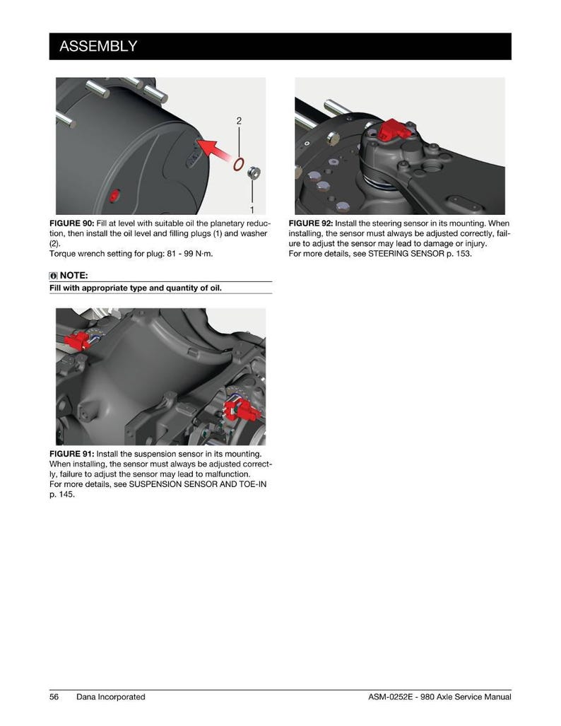 May include: Assembly diagram from a service manual, showing detailed instructions for installing sensors and filling with oil. Includes close-up illustrations with numbered components and torque specifications in Newton-meters.
